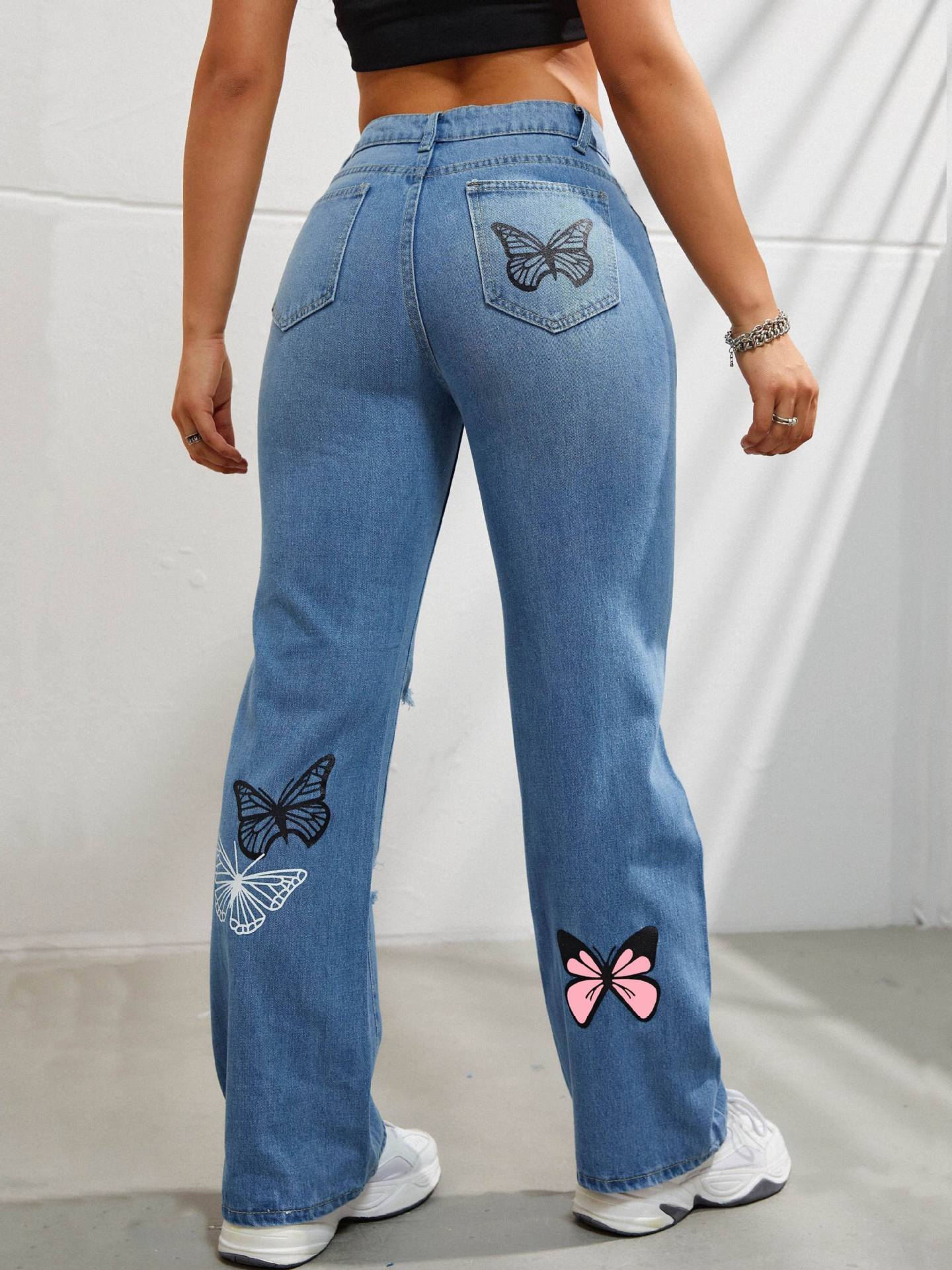 Ruth – Hochgeschnittene Jeans mit Schmetterlingsdruck