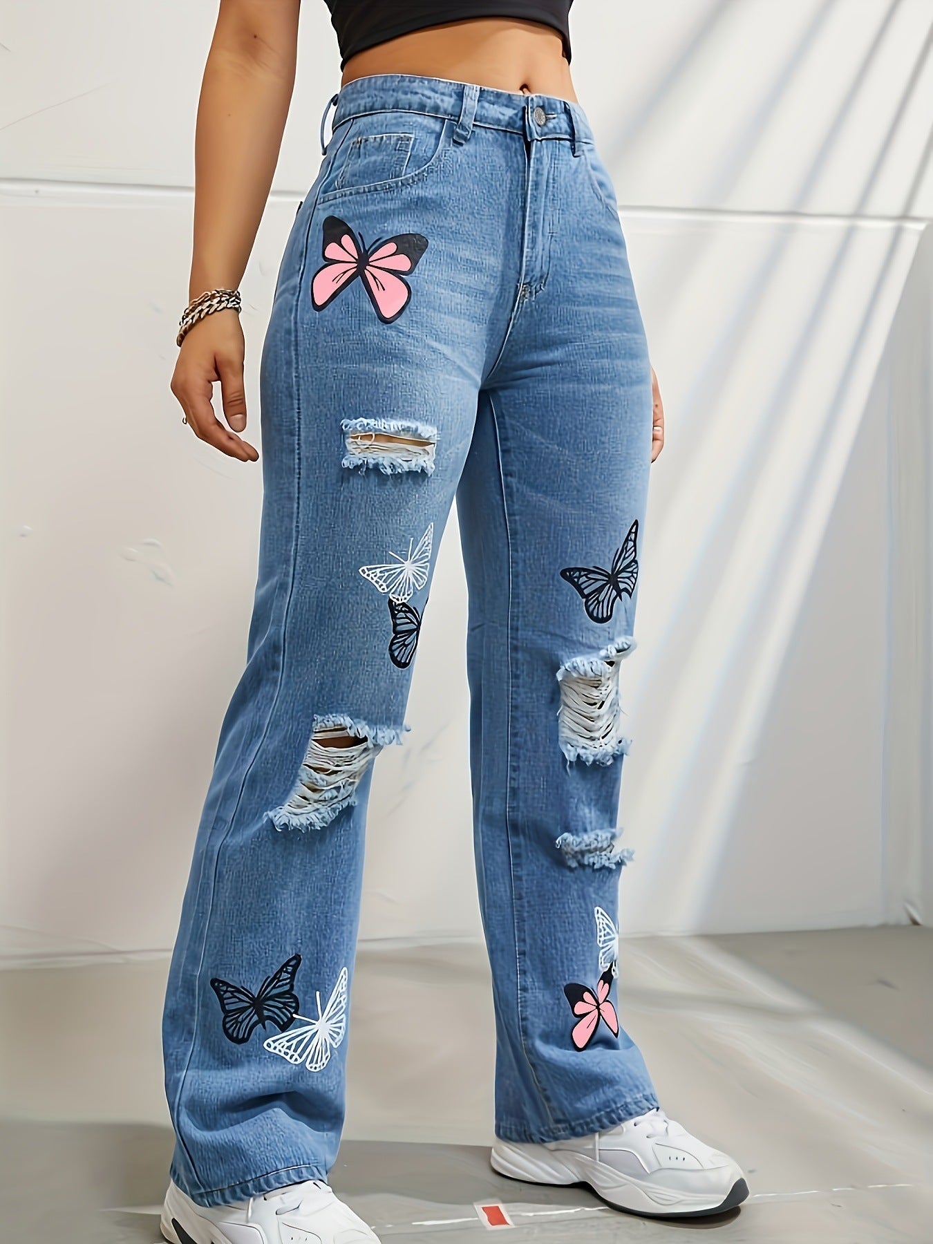 Ruth – Hochgeschnittene Jeans mit Schmetterlingsdruck