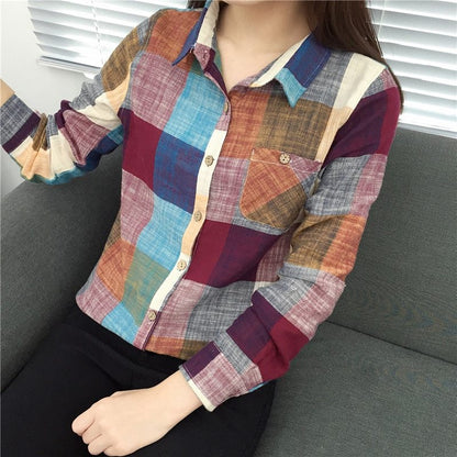 Phoebe – Vintage Plaid Bluse aus Leinen und Baumwolle mit langen Ärmeln