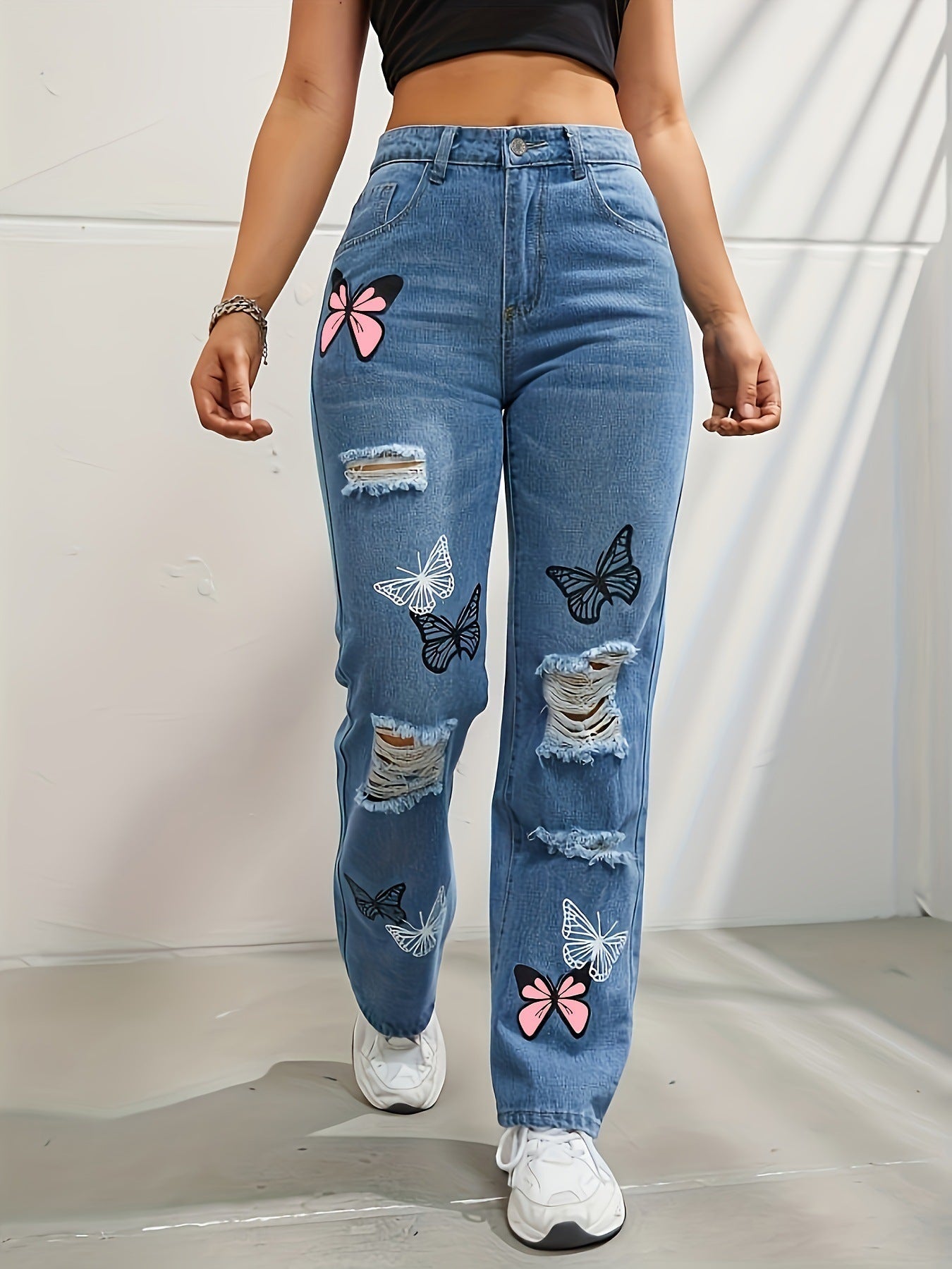 Ruth – Hochgeschnittene Jeans mit Schmetterlingsdruck