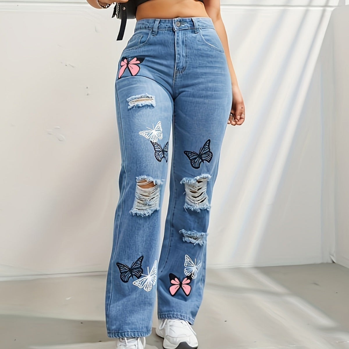 Ruth – Hochgeschnittene Jeans mit Schmetterlingsdruck