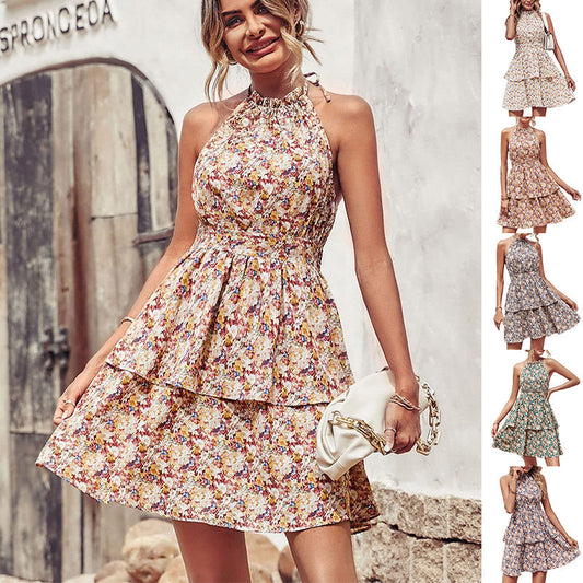 Alice – Sommerliches bedrucktes Halterkleid im Boho-Stil mit Rüschen für Damen