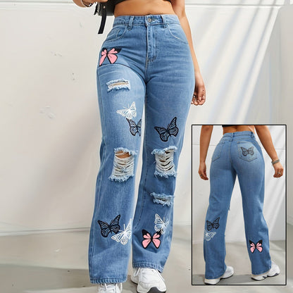 Ruth – Hochgeschnittene Jeans mit Schmetterlingsdruck